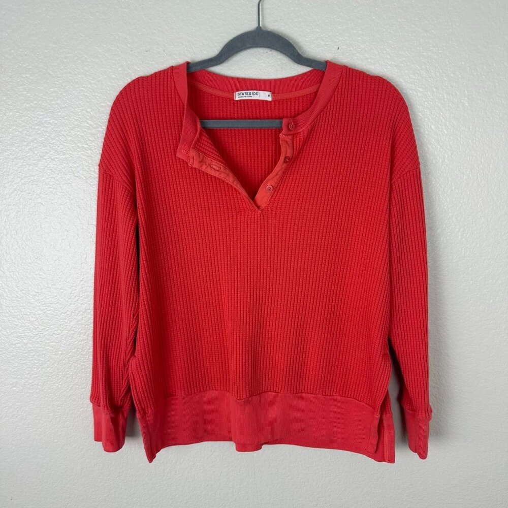 Stateside Red Waffle Knit Ribbed Long Sleeve Top M Henley Soft Stretchy